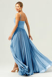 Eucalyptus A-Line Spaghetti Straps Pleated Chiffon Bridesmaid Dress with Slit
