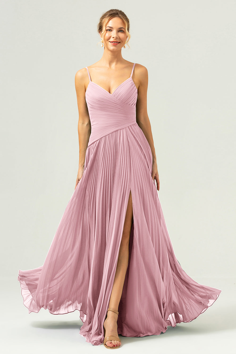 Eucalyptus A-Line Spaghetti Straps Pleated Chiffon Bridesmaid Dress with Slit