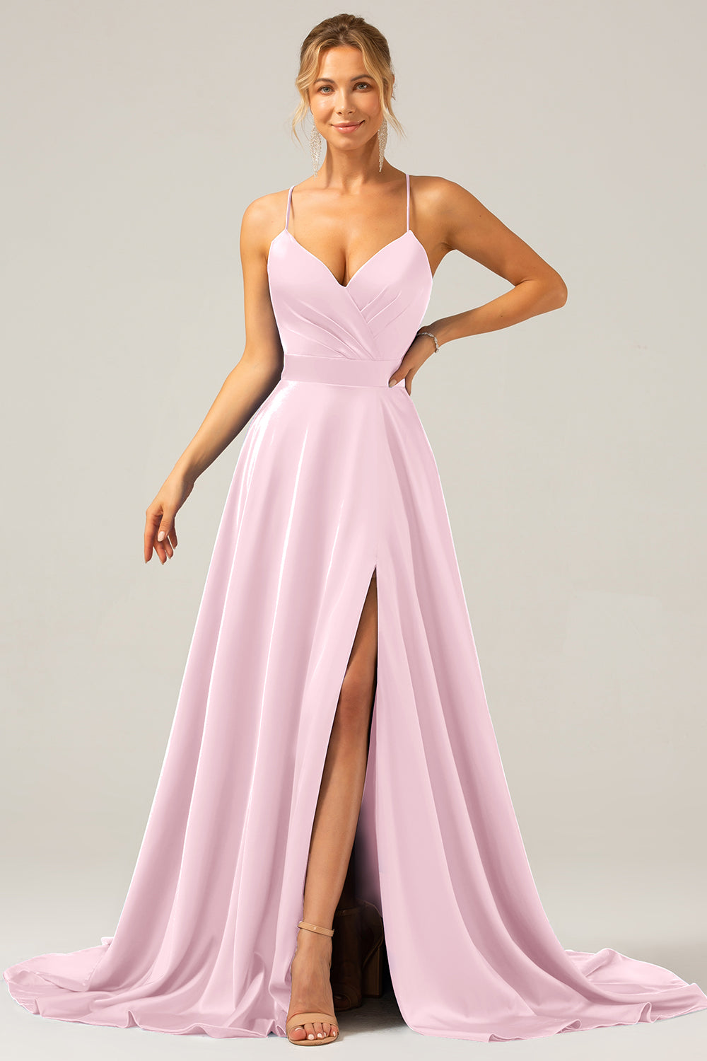 Royal Blue Satin A Line Spaghetti Straps Ball Dress with Slit