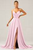 Royal Blue Satin A Line Spaghetti Straps Ball Dress with Slit