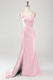 Navy Mermaid Spaghetti Straps Pleated Corset Long Ball Dress wth Slit