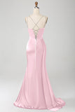 Navy Mermaid Spaghetti Straps Pleated Corset Long Ball Dress wth Slit