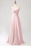 Dusty Sage A Line Cowl Neck Satin Long Ball Dress with Pleated