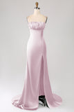 Dark Green Mermaid Spaghetti Straps Satin Ball Dress with Pleated