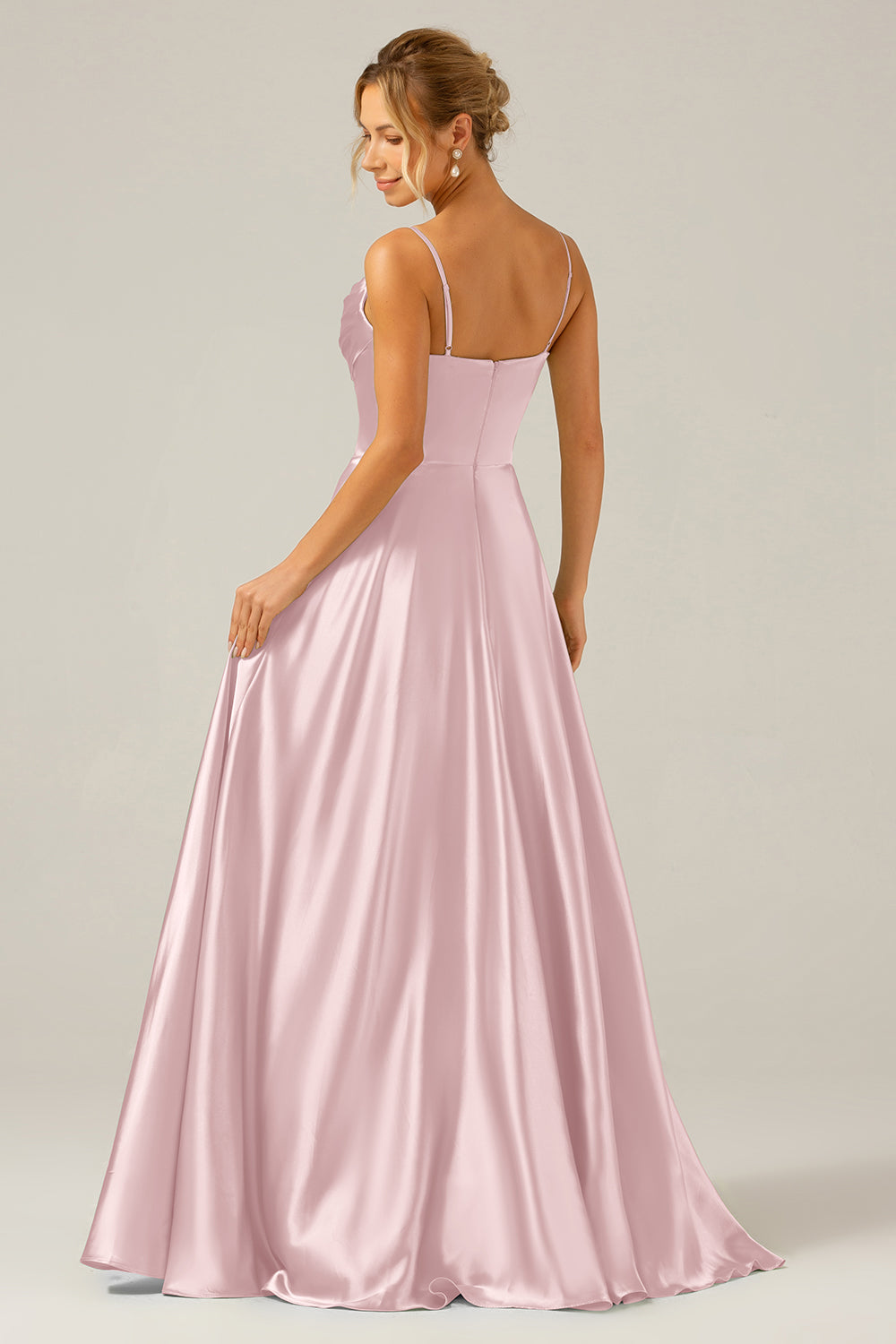 Dusty Sage A Line Cowl Neck Satin Pleated Long Ball Dress