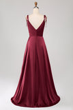 Simple Burgundy Spaghetti Straps Ruched Ball Dress with Slit