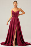 Burgundy Satin A Line Spaghetti Straps Ball Dress with Slit