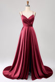 Burgundy A Line Spaghetti Straps Satin Ball Dress with Slit