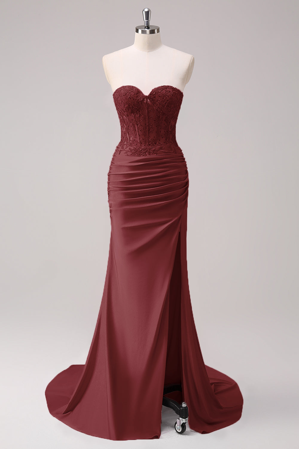 Corset Fuchsia Mermaid Strapless Ruched Corset Long Prom Dress with Slit