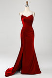 Navy Mermaid Spaghetti Straps Pleated Corset Long Ball Dress wth Slit