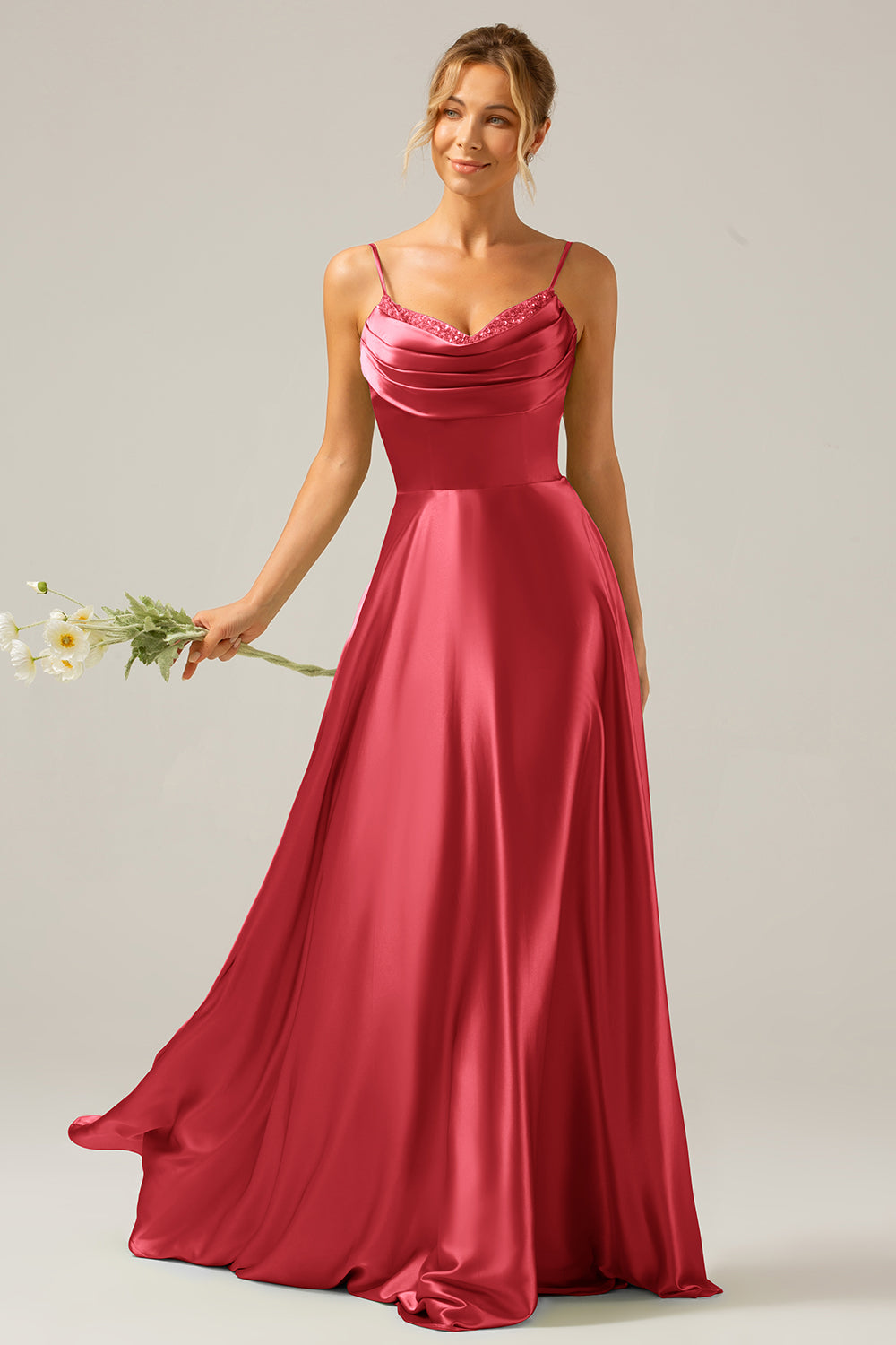 Dusty Sage A Line Cowl Neck Satin Pleated Long Ball Dress