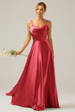 Dusty Sage A Line Cowl Neck Satin Pleated Long Ball Dress