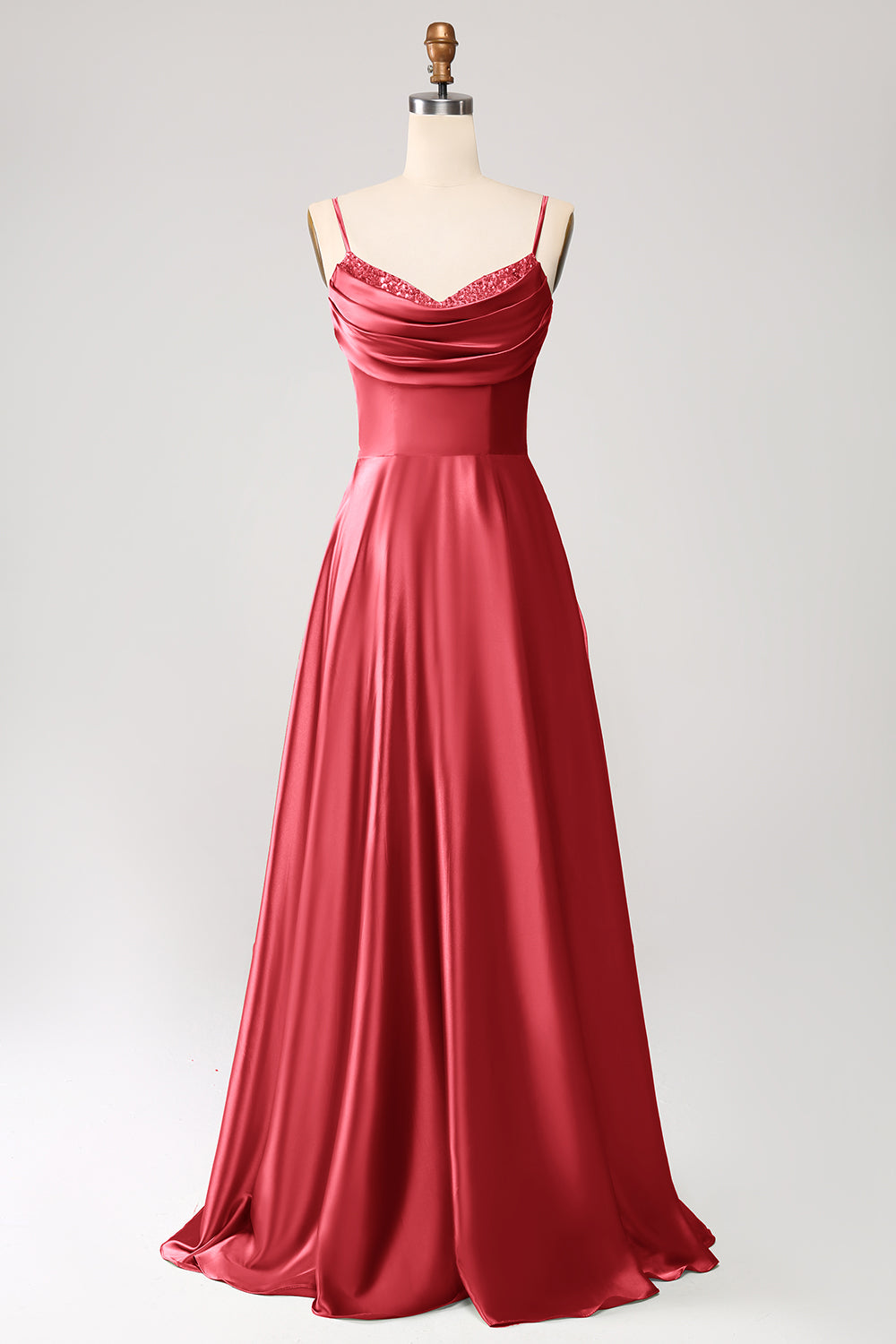 Dusty Sage A Line Cowl Neck Satin Long Ball Dress with Pleated