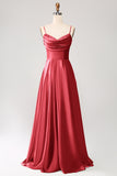 Dusty Sage A Line Cowl Neck Satin Long Ball Dress with Pleated