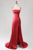 Dark Green Mermaid Spaghetti Straps Satin Ball Dress with Pleated