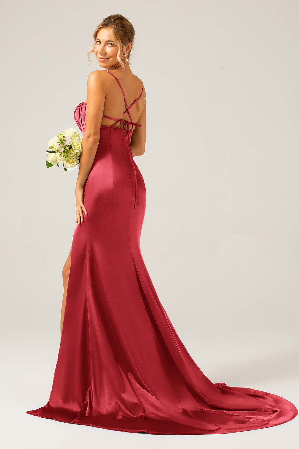 Black Mermaid Spaghetti Straps Satin Pleated Ball Dress