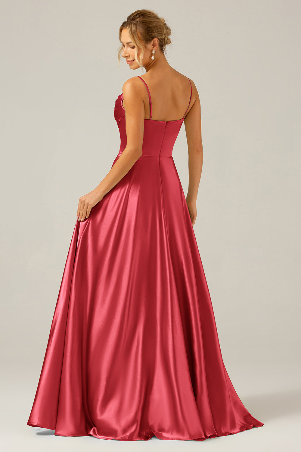Dusty Sage A Line Cowl Neck Satin Pleated Long Ball Dress