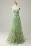 Green A-Line Square Neck Long Ball Dress with Embroidery
