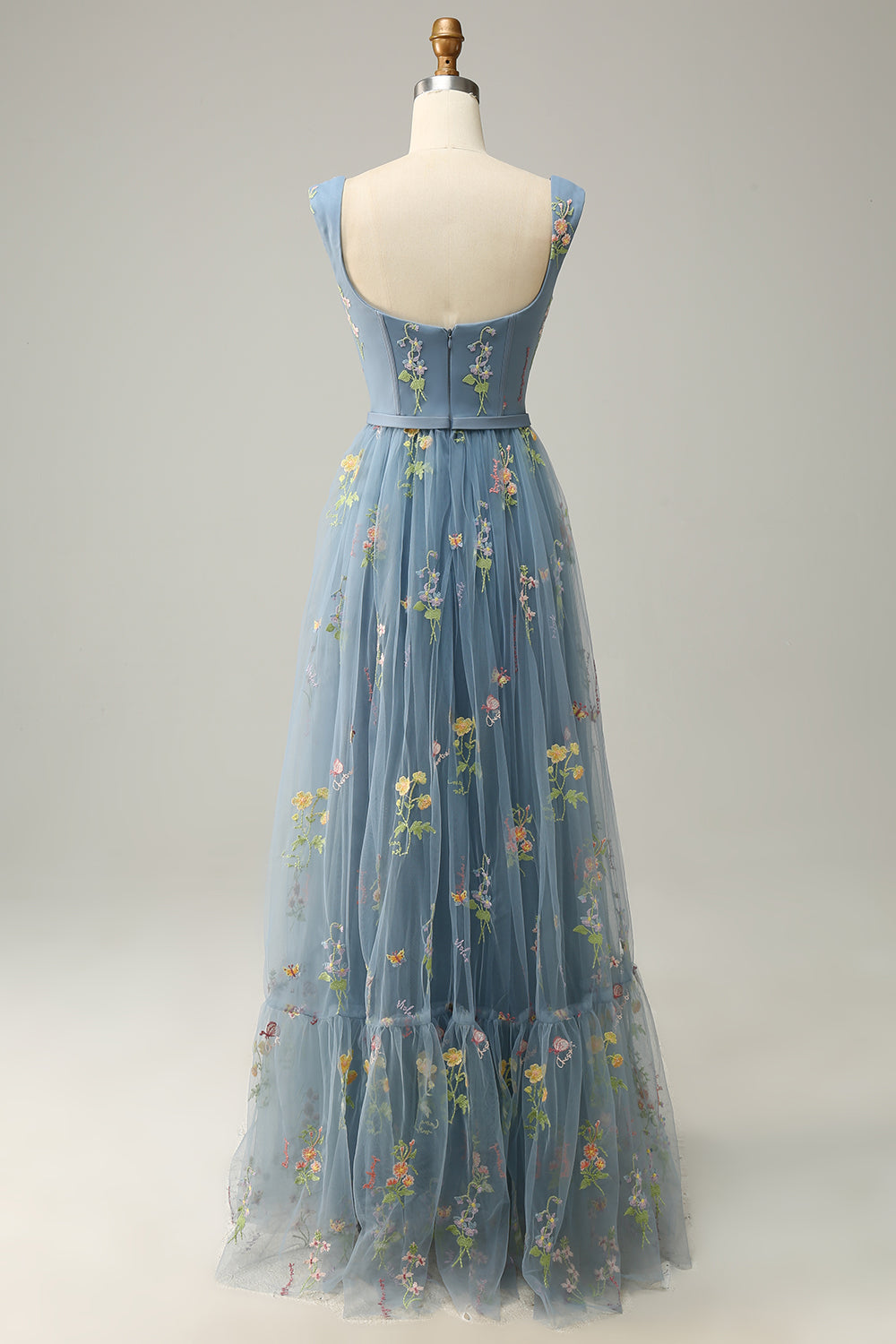 Champagne A-Line Square Neck Floor Length Tulle Ball Dress with Embroidery