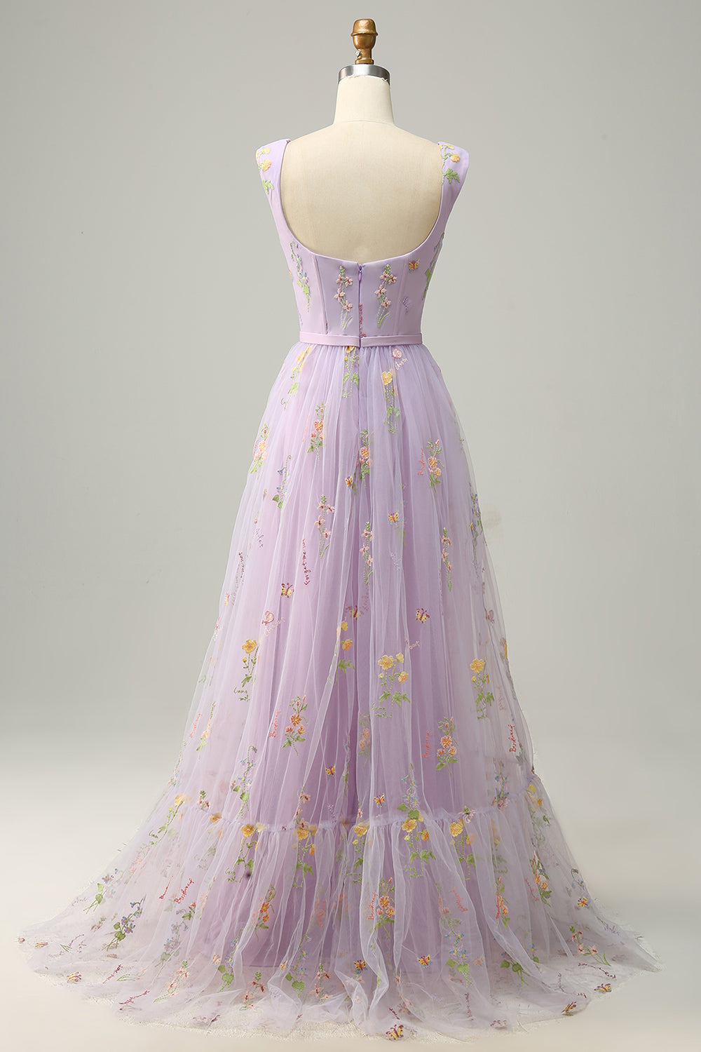 Grey Blue A-Line Square Neck Long Ball Dress with Embroidery