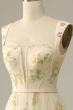 Green A-Line Square Neck Long Ball Dress with Embroidery