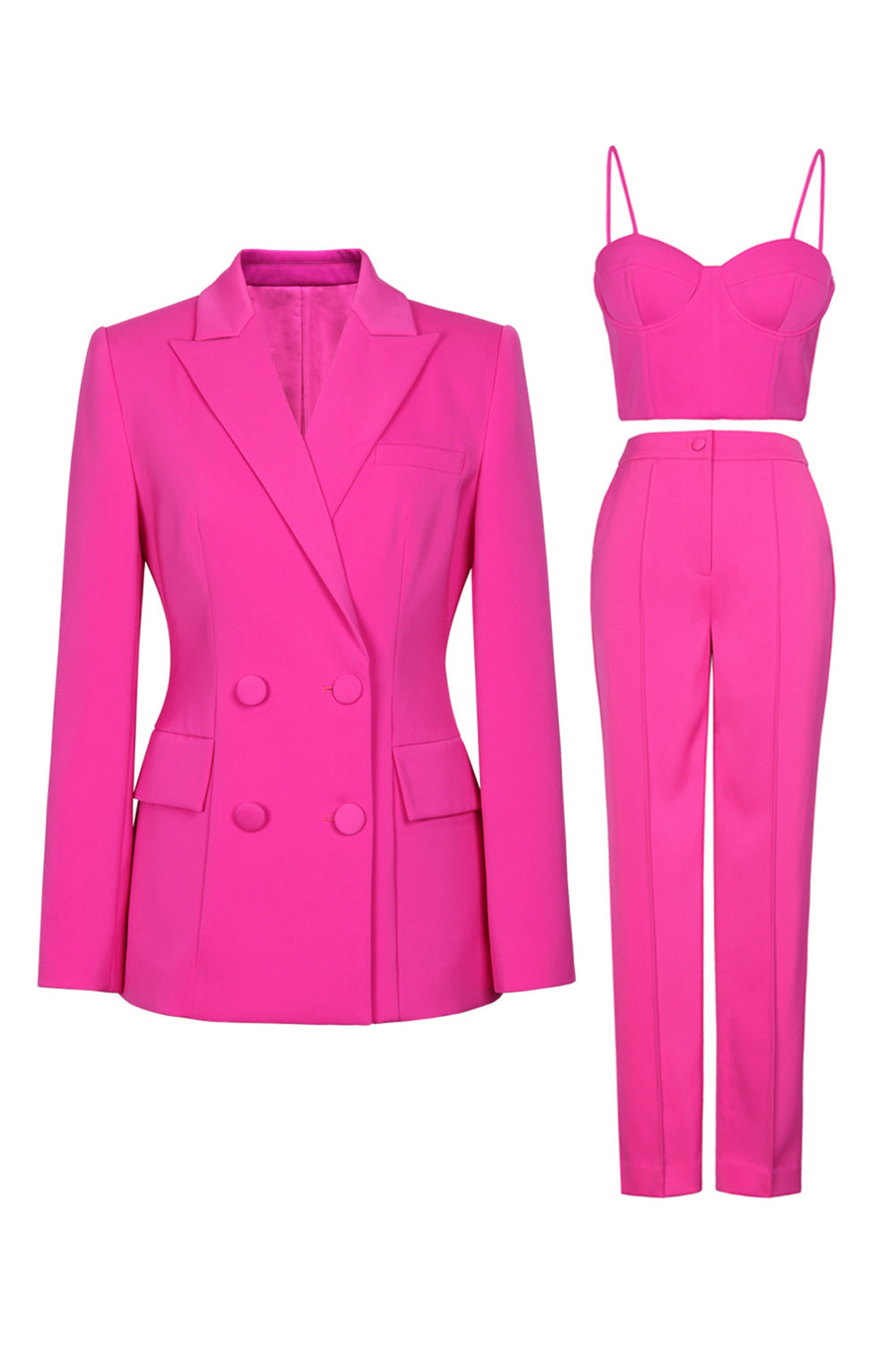 Hot Pink Peak Lapel 3 Piece Women Ball Suits