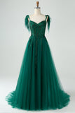 Dark Green A-Line Spaghetti Straps Tulle Long Ball Dress with Beading