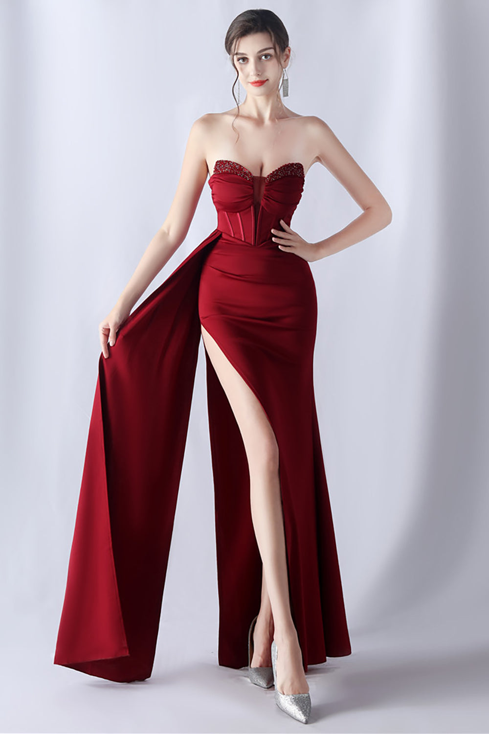 Navy Mermaid Strapless Long Corset Ball Dress with Slit