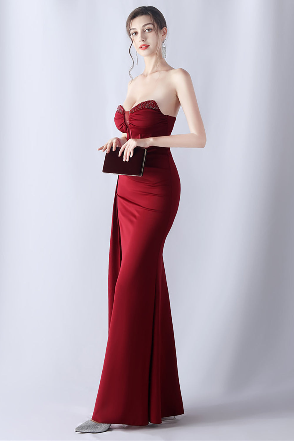 Navy Mermaid Strapless Long Corset Ball Dress with Slit