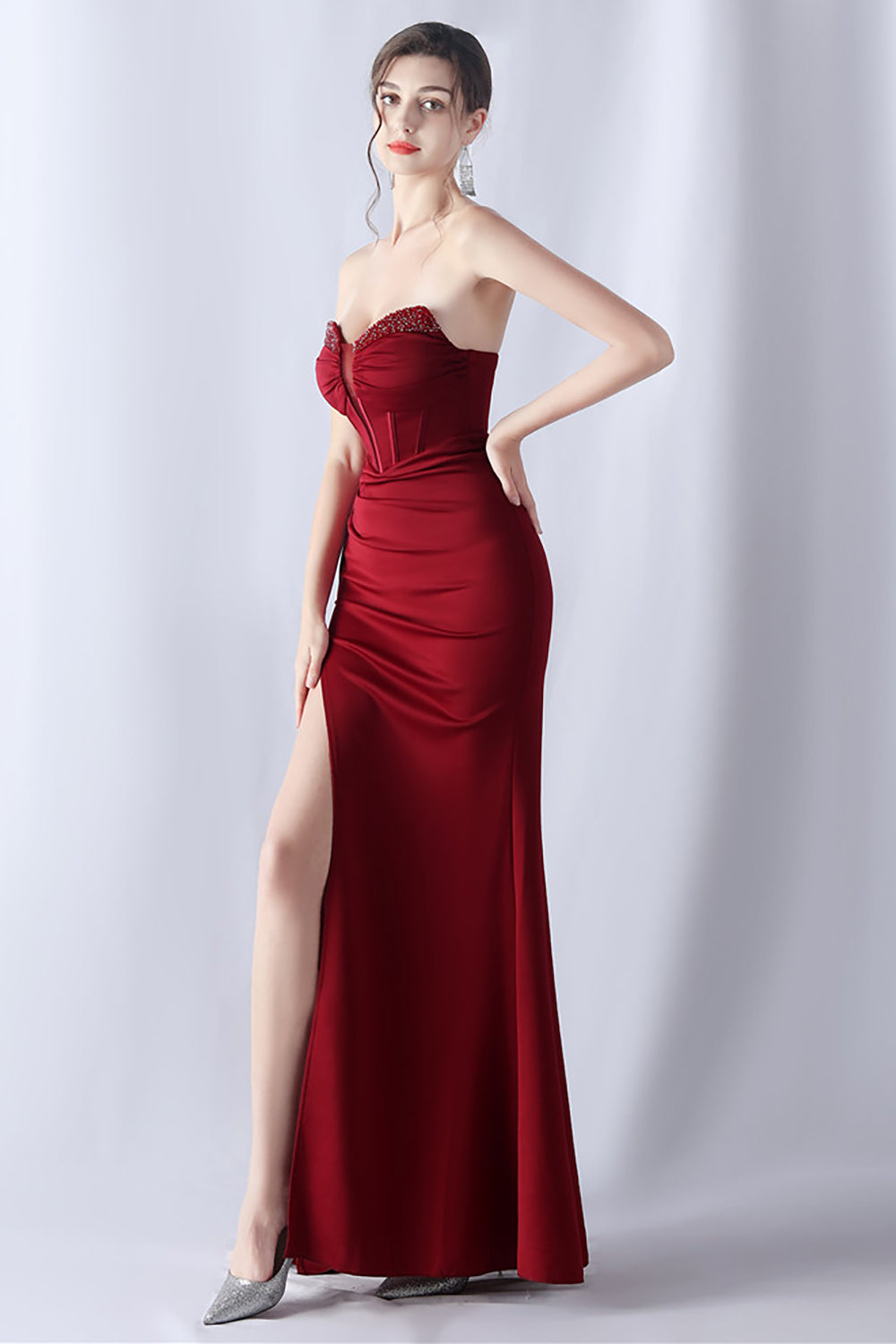 Navy Mermaid Strapless Long Corset Ball Dress with Slit