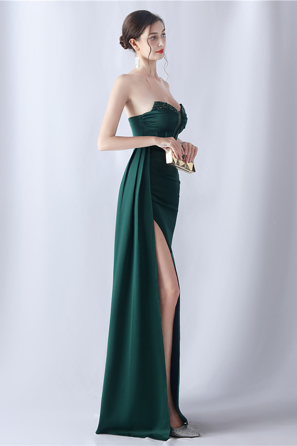 Navy Mermaid Strapless Long Corset Ball Dress with Slit