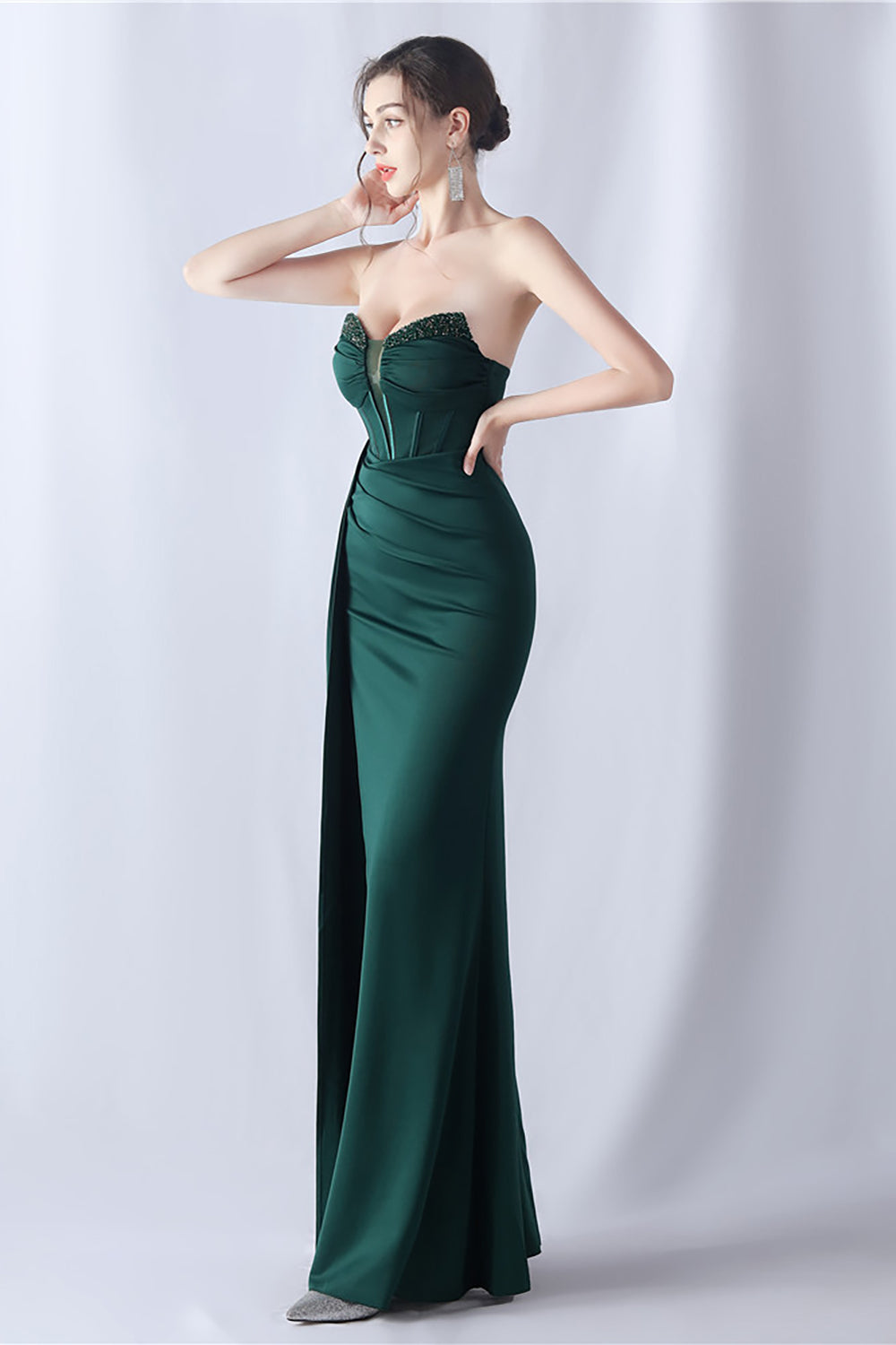 Navy Mermaid Strapless Long Corset Ball Dress with Slit