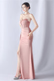 Navy Mermaid Strapless Long Corset Ball Dress with Slit