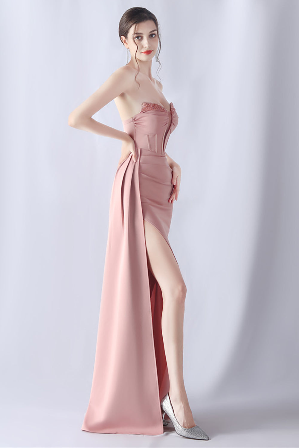 Navy Mermaid Strapless Long Corset Ball Dress with Slit