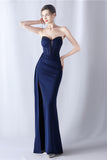 Navy Mermaid Strapless Long Corset Ball Dress with Slit