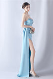 Navy Mermaid Strapless Long Corset Ball Dress with Slit