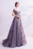Sparkly Purple A-Line Tulle Long Ball Dress