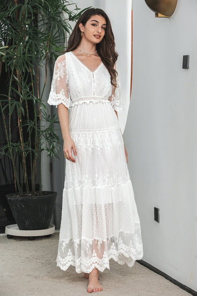 white boho dress nz Piece Lace Festival Zapaka Women White A-Line Long Lace Engagement Party Dress V-Neck Maxi Summer Beach Dress – ZAPAKA Melayna Strapless Drape Mini Black Friday 25 Boys Collection Size:Custom made and fabric customization The Boho High Low