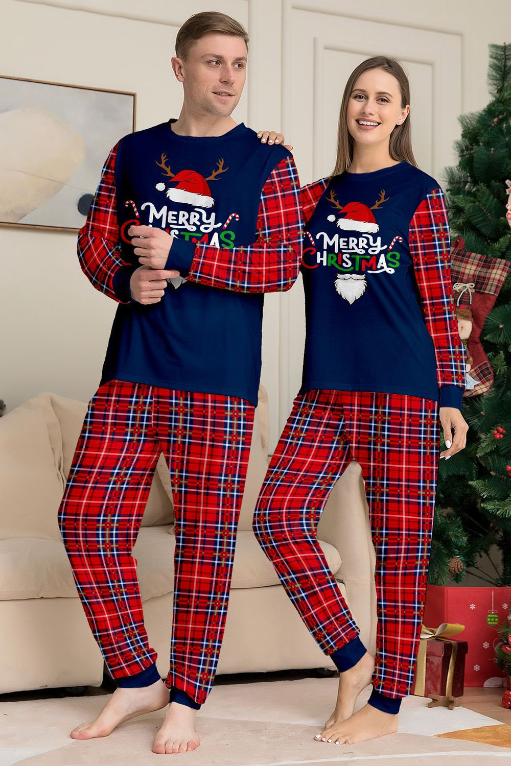 Red Navy Long Sleeve Plaid Pants Christmas Pajamas Set