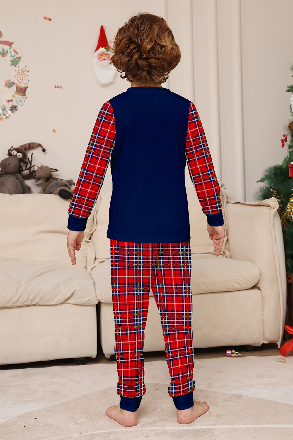 Red Navy Long Sleeve Plaid Pants Christmas Pajamas Set