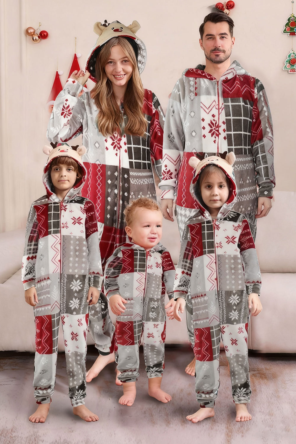 Grey Red One Piece Snowflake Printed Matching Family Pajamas