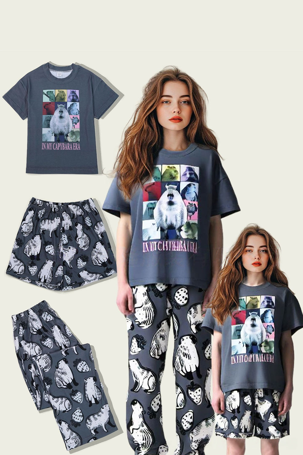 Dark Grey Animal Printed Short Sleeve Matching Family Pajamas