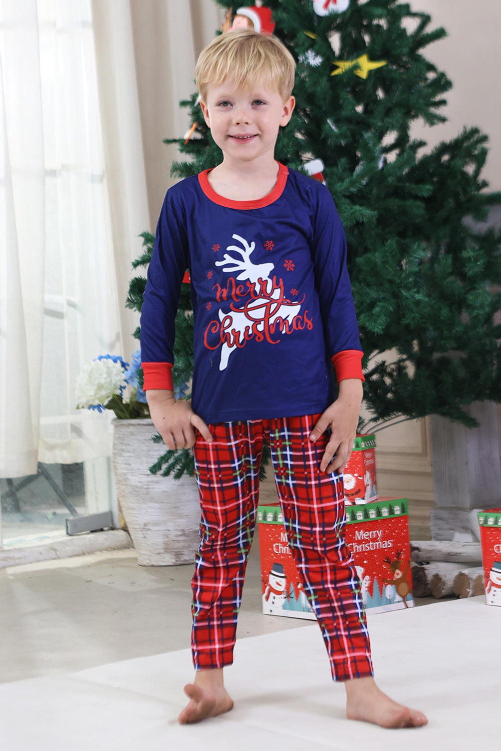 Royal Blue Print Plaid Christmas Matching Family Pajamas