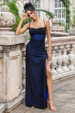 Black Blue Spaghetti Straps Sheath Pleated Long Prom Dress with Slit
