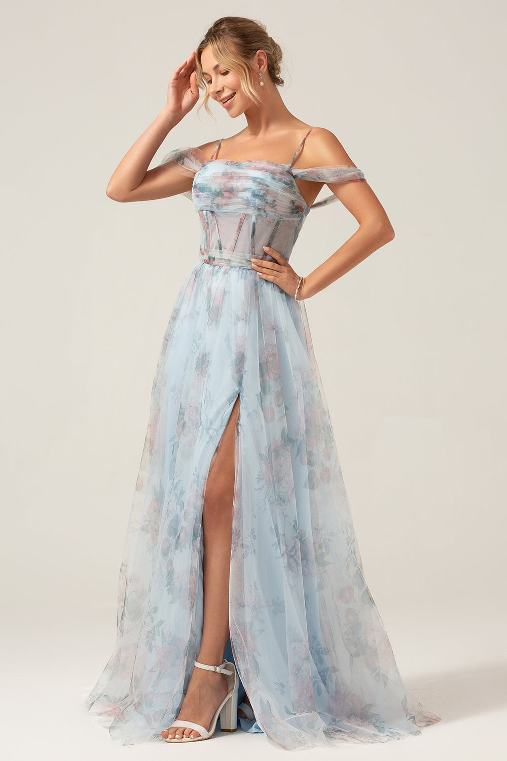 Cold Shoulder A-Line Blue Printed Long Corset Ball Dress with Slit