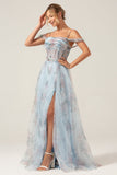 Cold Shoulder A-Line Blue Printed Long Corset Ball Dress with Slit