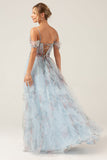 Cold Shoulder A-Line Blue Printed Long Corset Ball Dress with Slit