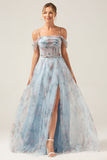 Cold Shoulder A-Line Blue Printed Long Corset Ball Dress with Slit