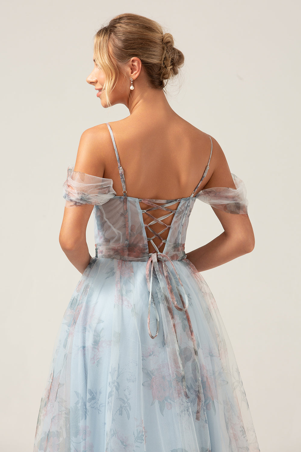Cold Shoulder A-Line Blue Printed Long Corset Ball Dress with Slit
