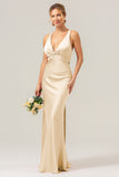 Pink Sheath V Neck Ruched Satin Long Bridesmaid Dress with Lace Up Back